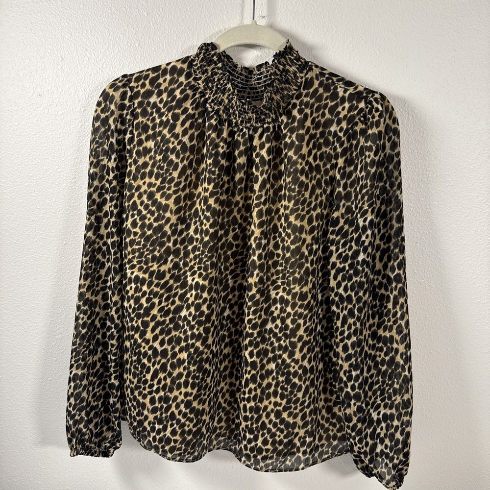 J Crew Pullover Blouse Women's Med Leopard Print Elastic‎ Collar Lined P1